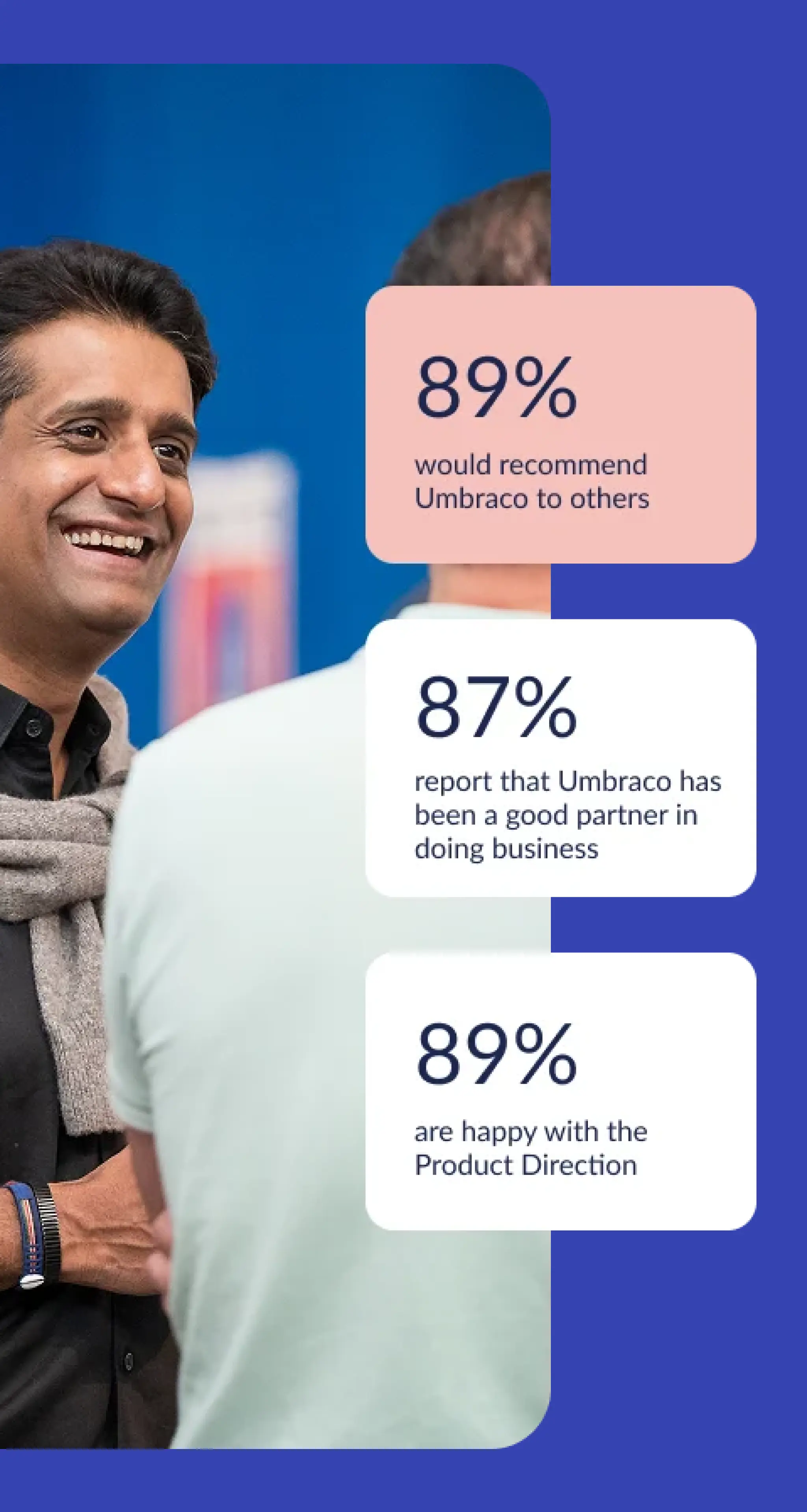 Umbraco user satisfaction — 89% would recommend, 87% a good business partner, 89% happy with product direction