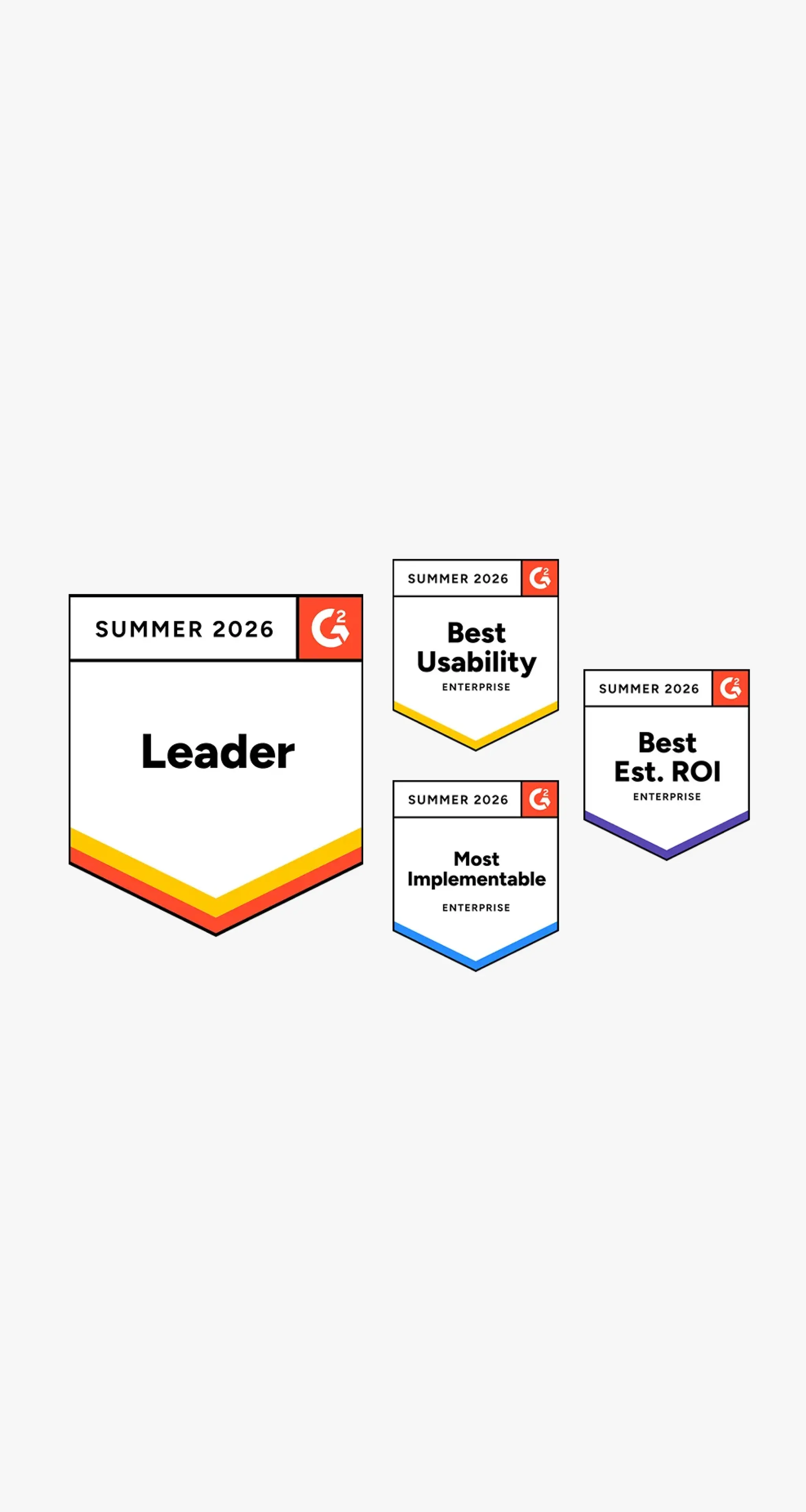 G2 Summer 2026 awards — Leader, Best Usability, Most Implementable, Best Est. ROI